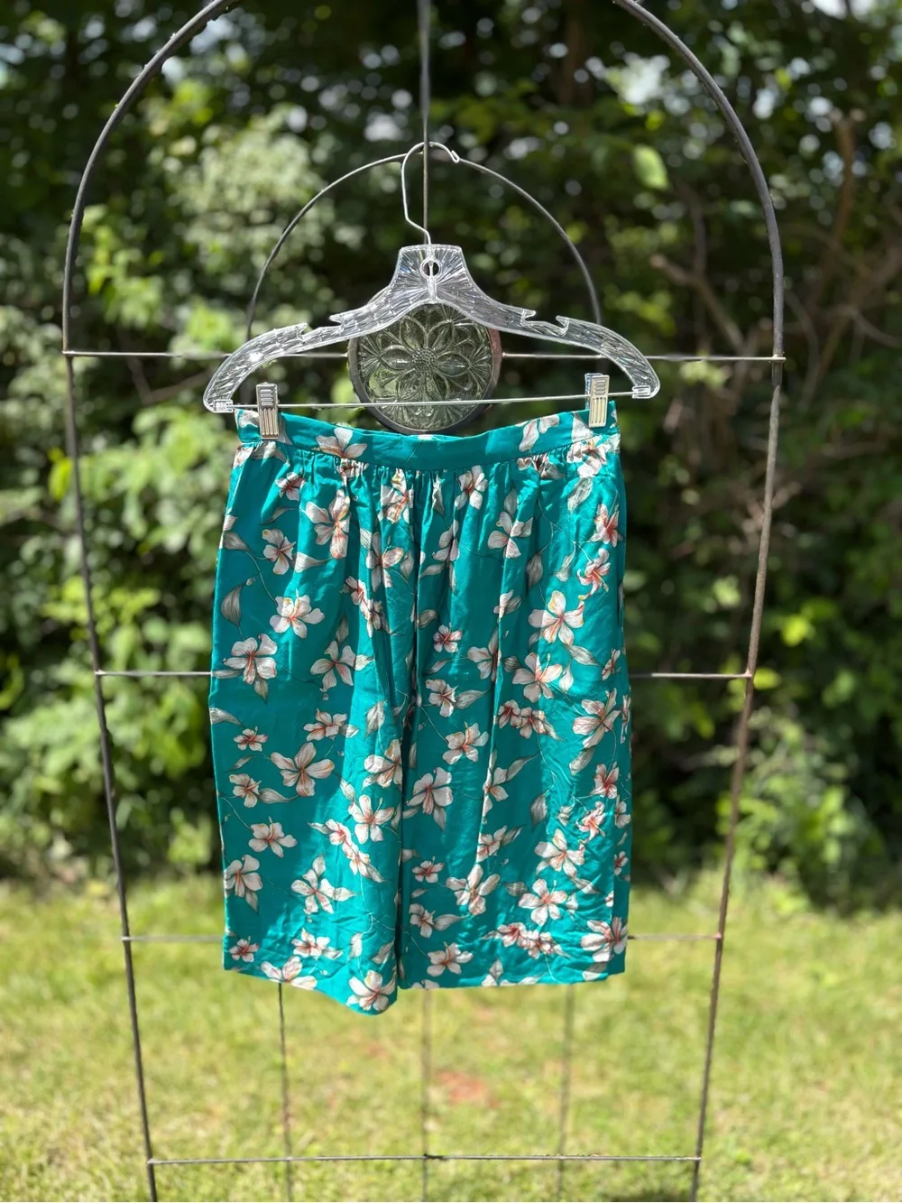 Vintage Women’s Floral Teal Midi Skirt Hawaiian Summer Lightweight A-Line Retro